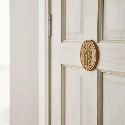 Humlum - sjovt, rundt toiletskilt i træ - lyst og massivt egetræ - PureTime