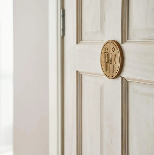 Marstal - rundt toiletskilt i træ - Lyst og massivt egetræ - PureTime