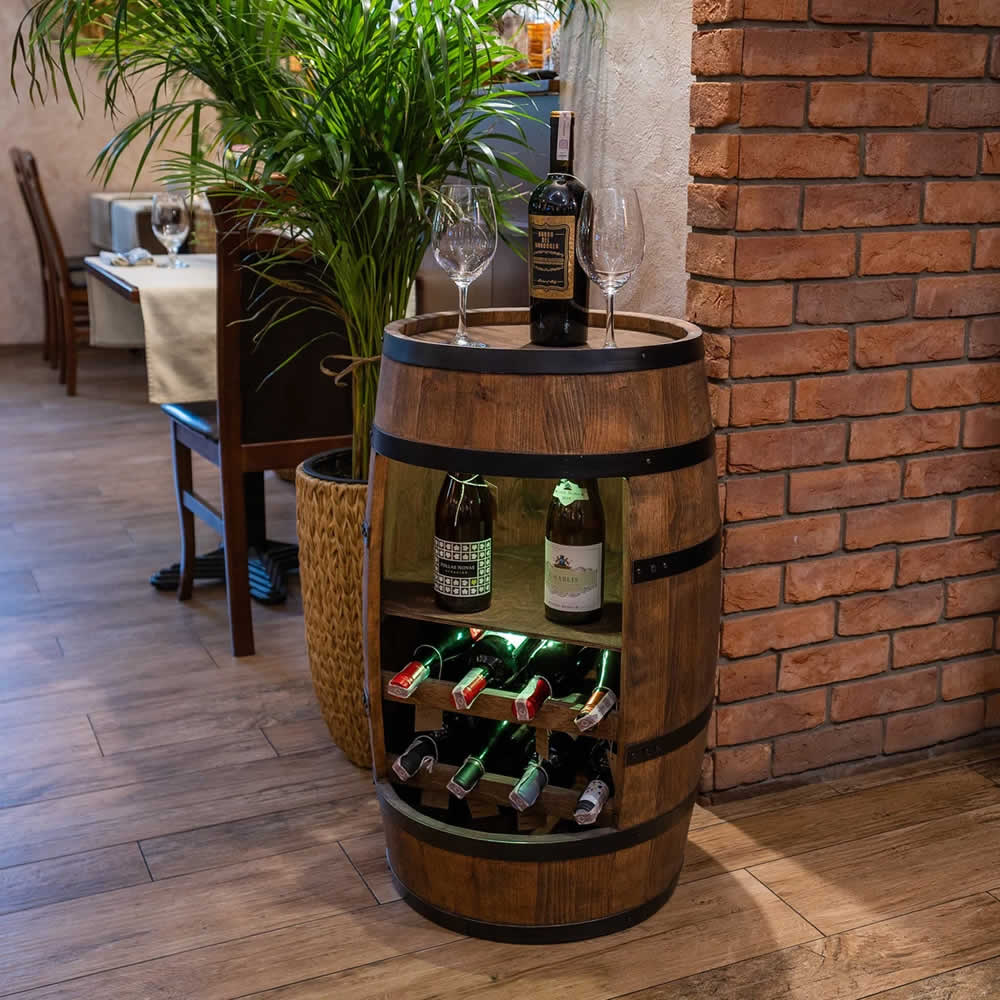 Wine barrel with wine shelf - Minibar - Wine bar - dark wood - with/without light