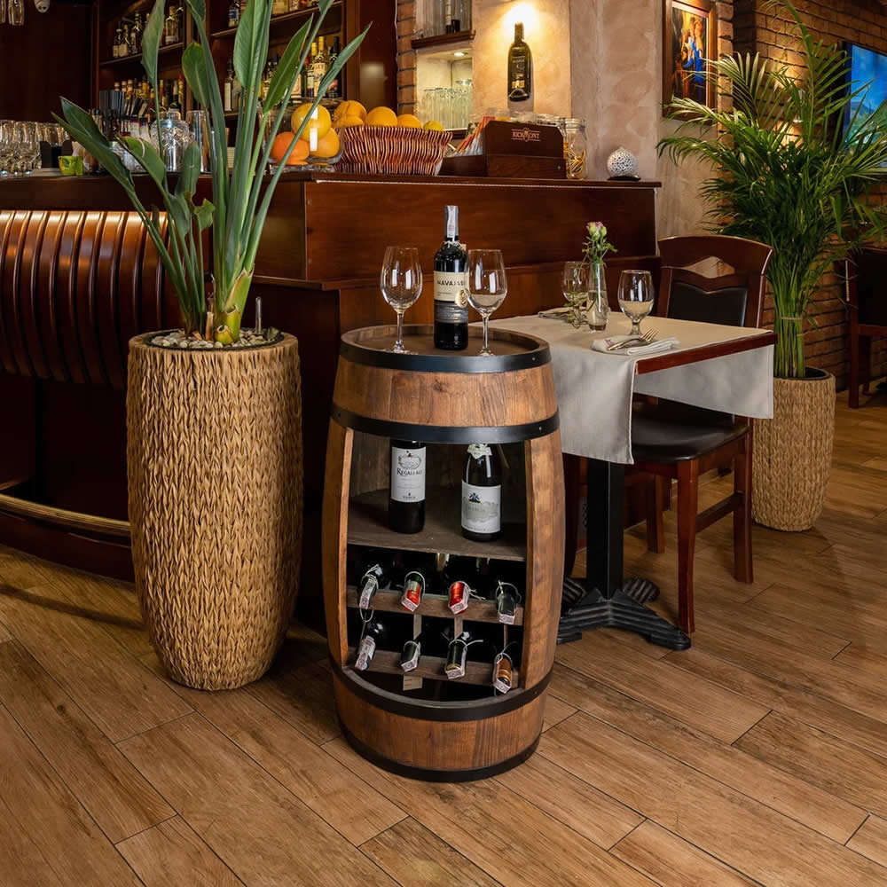 Wine barrel with wine shelf - Minibar - Wine bar - dark wood - with/without light