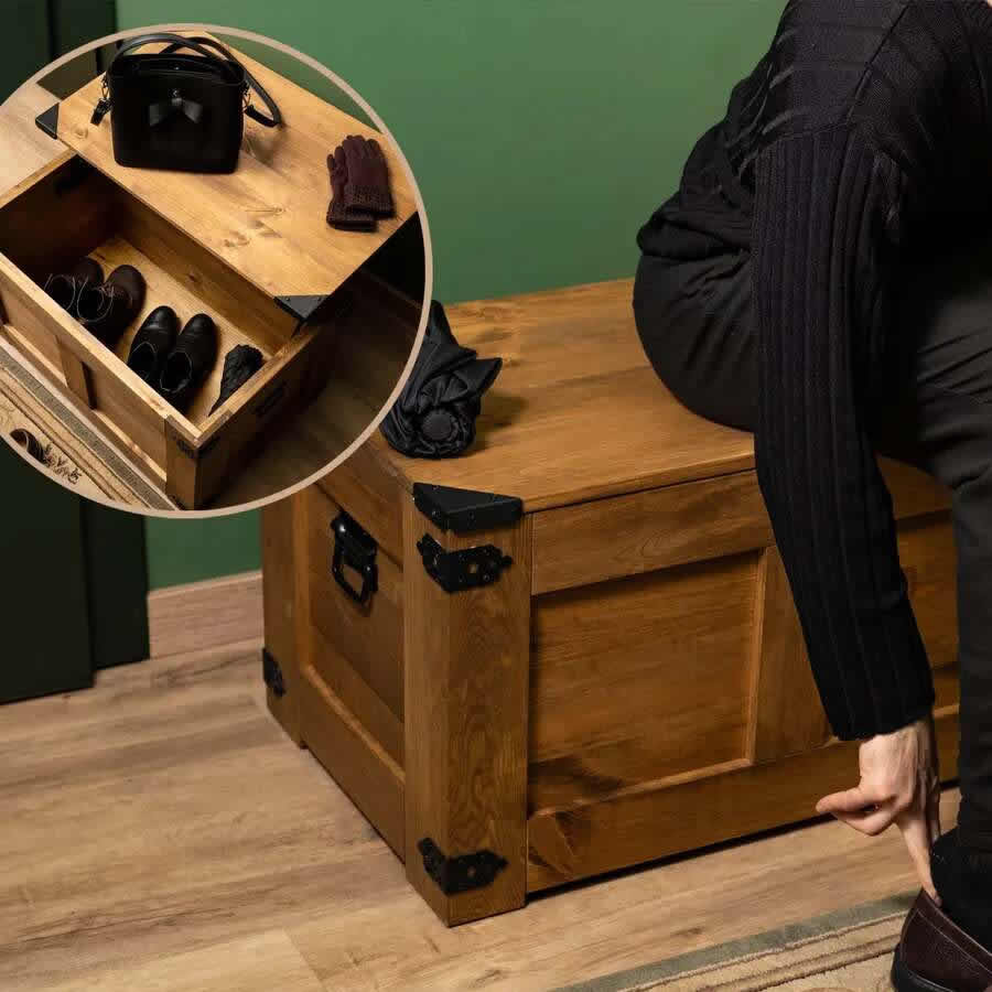 Vintage-style wooden chest with smart sliding door - Dark - Solid wood