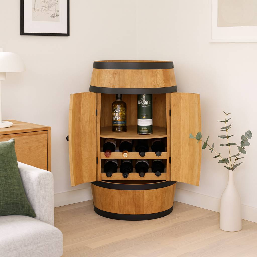 Wine barrel with wine shelf and doors - Minibar - Wine bar - light wood - with/without light