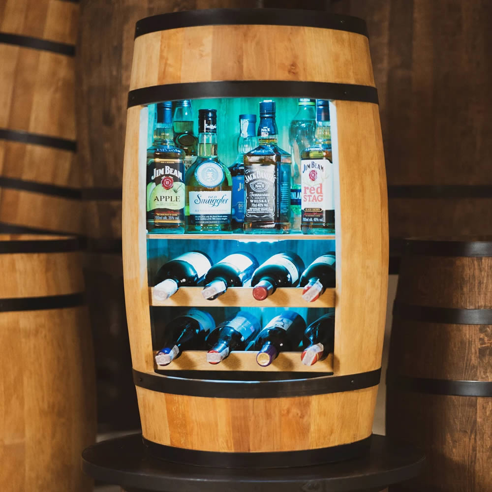 Wine barrel with wine shelf - Minibar - Wine bar - light wood - with/without light
