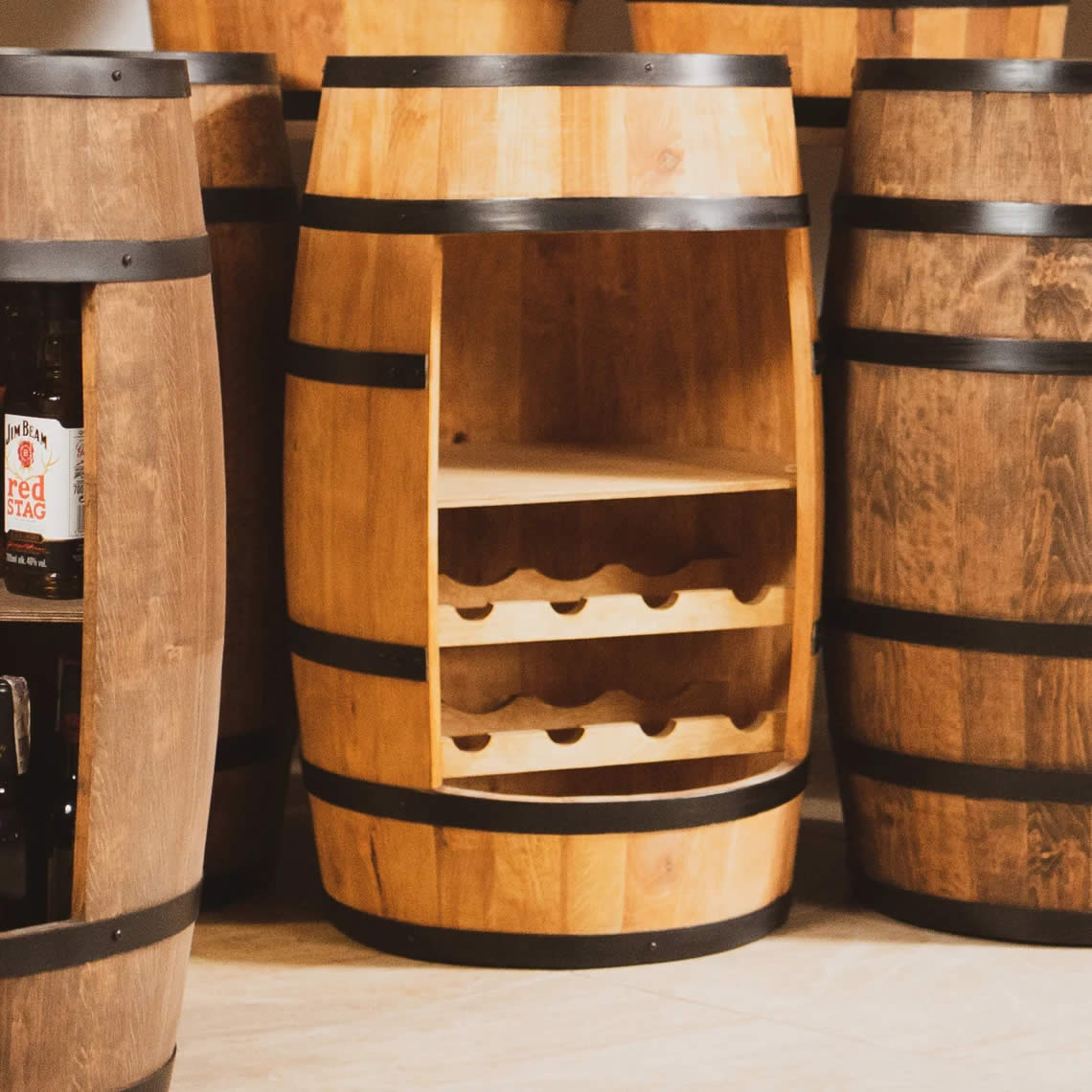 Wine barrel with wine shelf - Minibar - Wine bar - light wood - with/without light