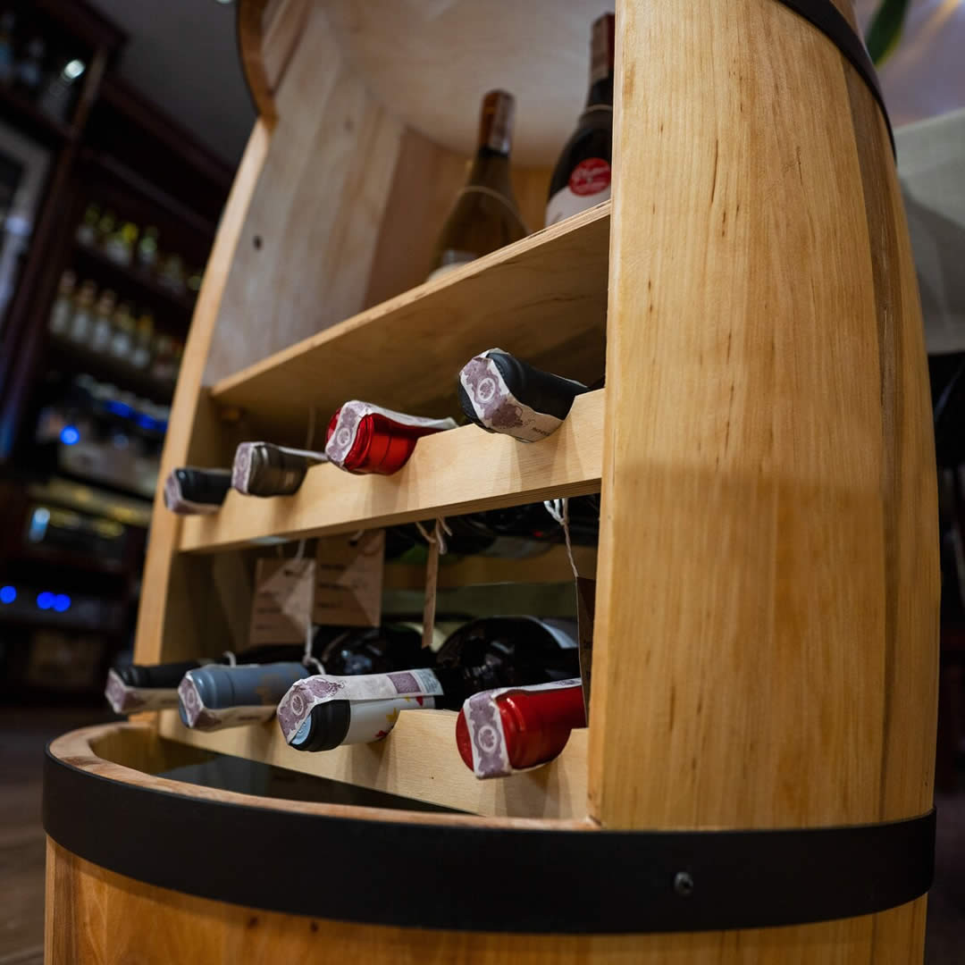 Wine barrel with wine shelf - Minibar - Wine bar - light wood - with/without light