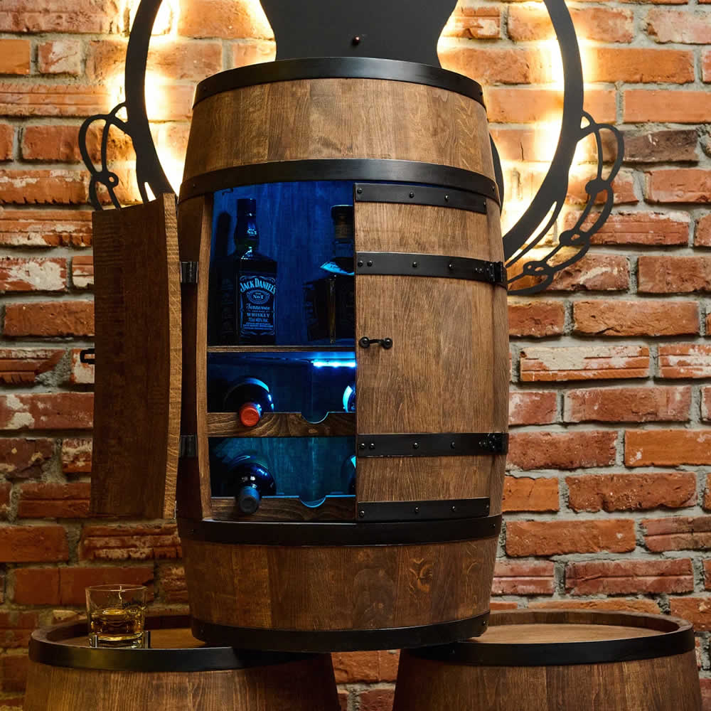 Wine barrel with wine shelf and doors - Minibar - Wine bar - dark wood - with/without light