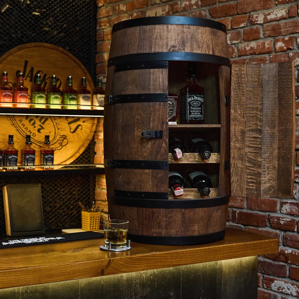 Wine barrel with wine shelf and doors - Minibar - Wine bar - dark wood - with/without light