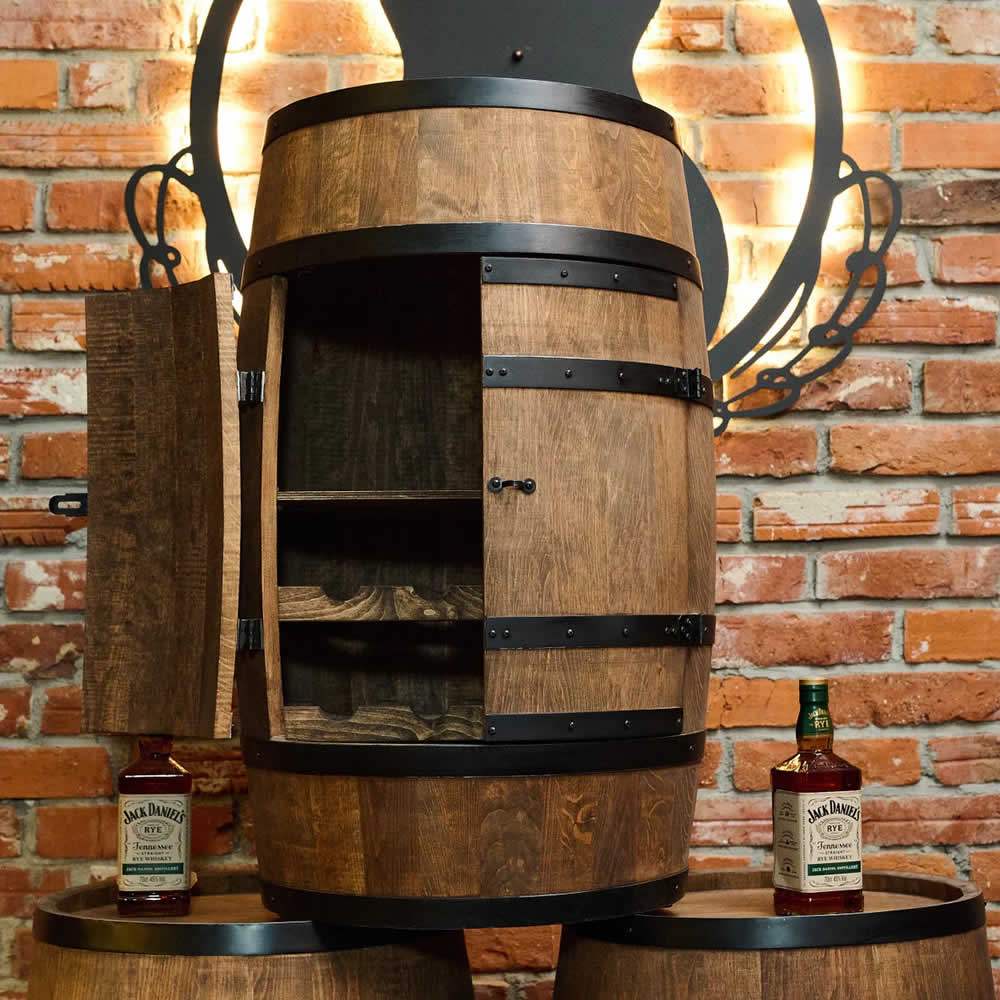 Wine barrel with wine shelf and doors - Minibar - Wine bar - dark wood - with/without light