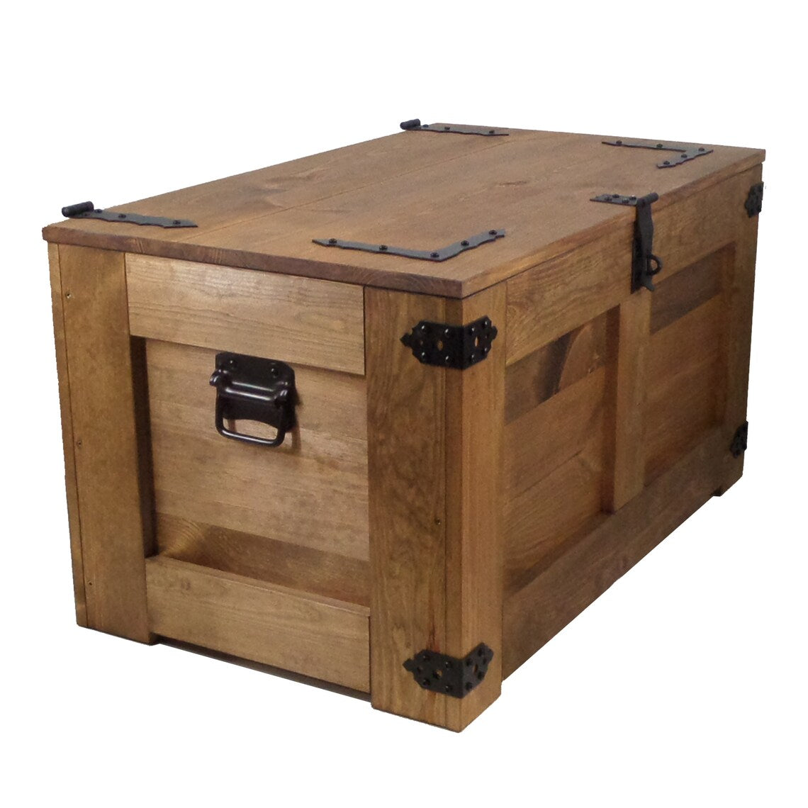 Rustic wooden chest with visible fittings and gas spring - Dark - Solid wood