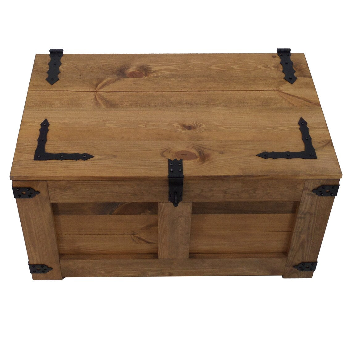 Rustic wooden chest with visible fittings and gas spring - Dark - Solid wood