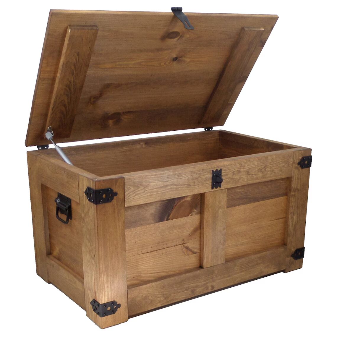 Rustic wooden chest with visible fittings and gas spring - Dark - Solid wood