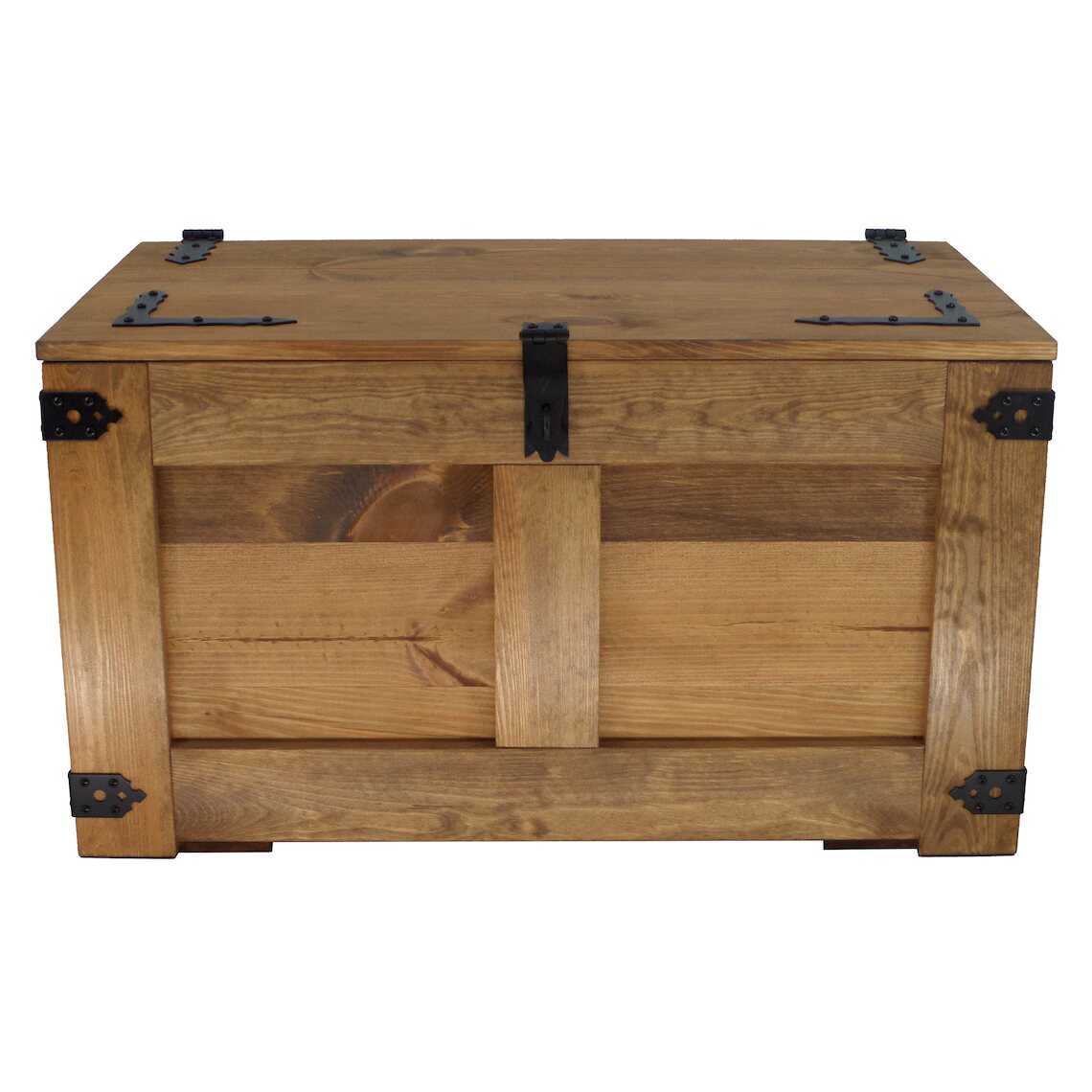 Rustic wooden chest with visible fittings and gas spring - Dark - Solid wood